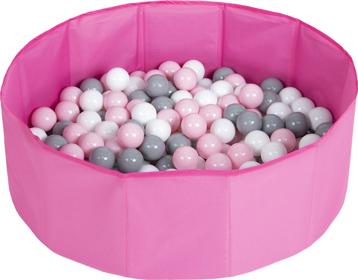 Selonis Opvouwbaar ballenbad voor kinderen met 200 plastic ballen ∅6cm - 80x23cm Ballenbad baby - Speelbad - Ballenbak kinderen rond - Kunststof ballen - Roze: Wit Grijs Poederroze