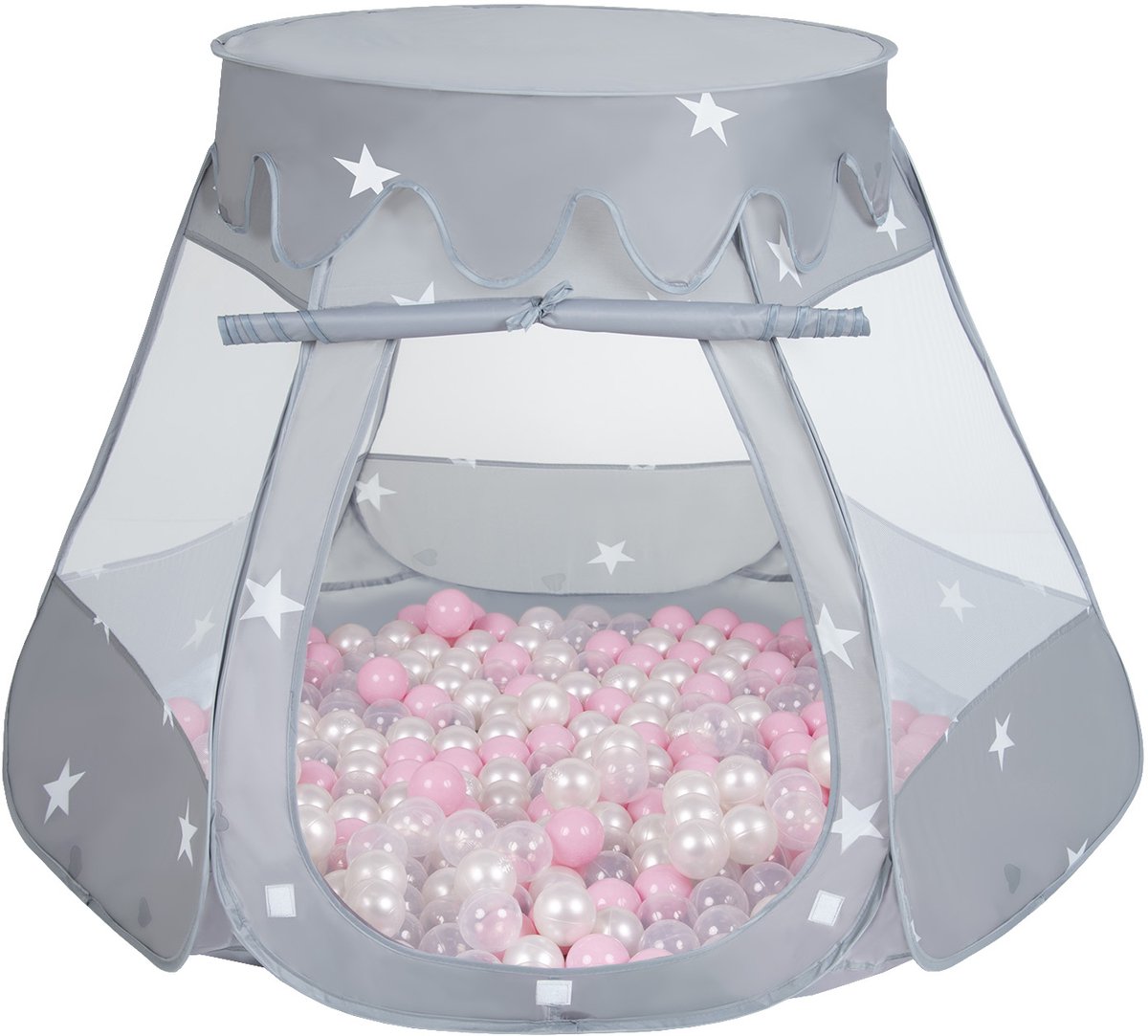 Selonis Pop Up Kasteeltent Grijs Voor Kinderen - 600 Ballen Speeltent - Binnen En Buiten Speelhuisje - 105x90 cm - Poederroze Parel Transparant