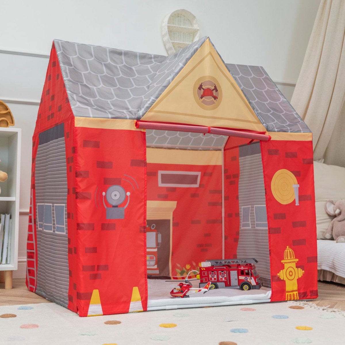 Selonis Speelhuisje Brandhut voor kinderen 110x80x115cm - Opvouwbare Speeltent - Kinderhuisje - Kinderkamer Decor tent - Realistisch Ontwerp - Speelhuis baby - Speelhuis kinderen - Rood-grijs