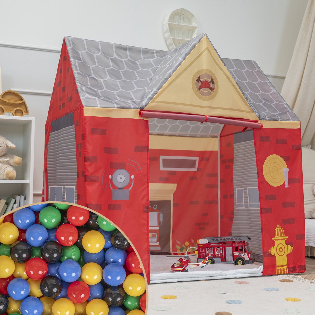 Selonis Speeltent Brandhuis Met 100 Ballen Opvouwbaar Voor Kinderen Realistisch Ontwerp Duurzaam En Veilig Makkelijk Te Monteren Binnen En Buiten, Rood-Grijs:Zwart/Geel/Blauw/Rood/Groen