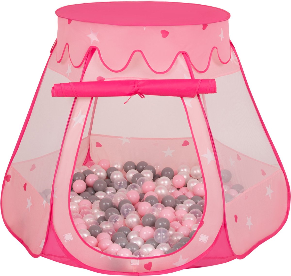 Selonis   voor kinderen met 200 ballen 105x90cm - Ballenbak Ballen - Speelhuisje binnen - Speelhuis kinderen - Ballenbak tent baby - Ballenbaktent - Roze: Parelgrijs, Transparant, Poederroze