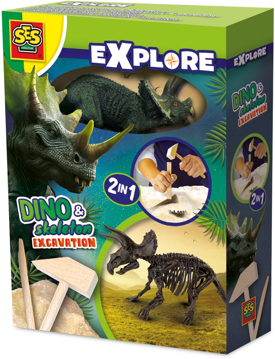 SES Creative - Explore - Dino en Skelet Opgraven 2 in 1 - Triceratops - Bikblok met Skelet - Complete set met Houten Hamer en Beitel - Dinosaurus Speelgoed