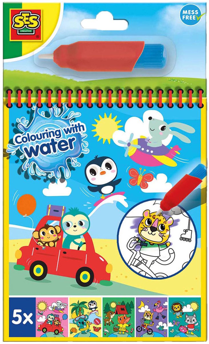SES Creative - Kleuren met water kleurboek Travel Editie - Met herbruikbare waterstift - Kleuren zonder knoeien - Herbruikbare kleurplaten