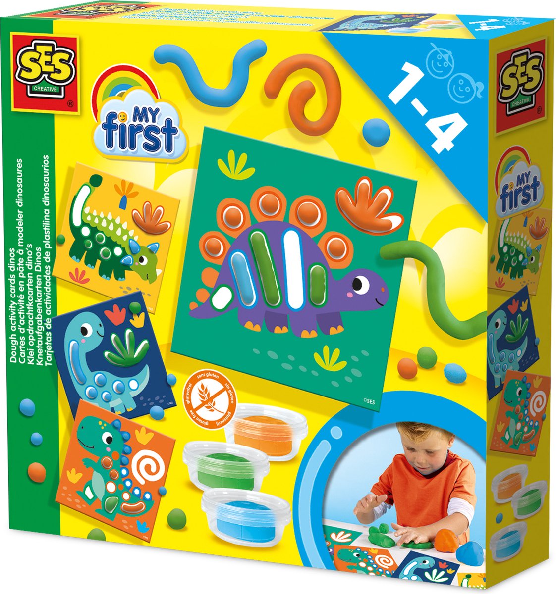 SES Creative - My First - Klei Met Opdrachtkaarten - Rol, Kneed en Vorm de klei om Dino vormen na te leggen - inclusief herbruikbare kaarten – dino thema - 1 tot 4 jaar