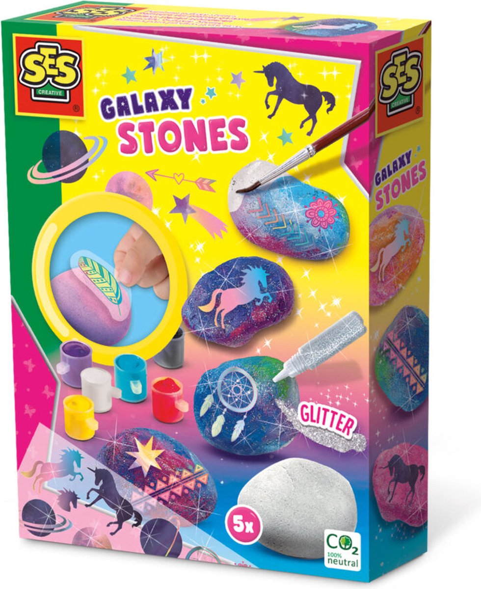   - Galaxy - Stenen schilderen - mooie witte stenen - heldere verf - inclusief spons, rub on plaatjes en penselen