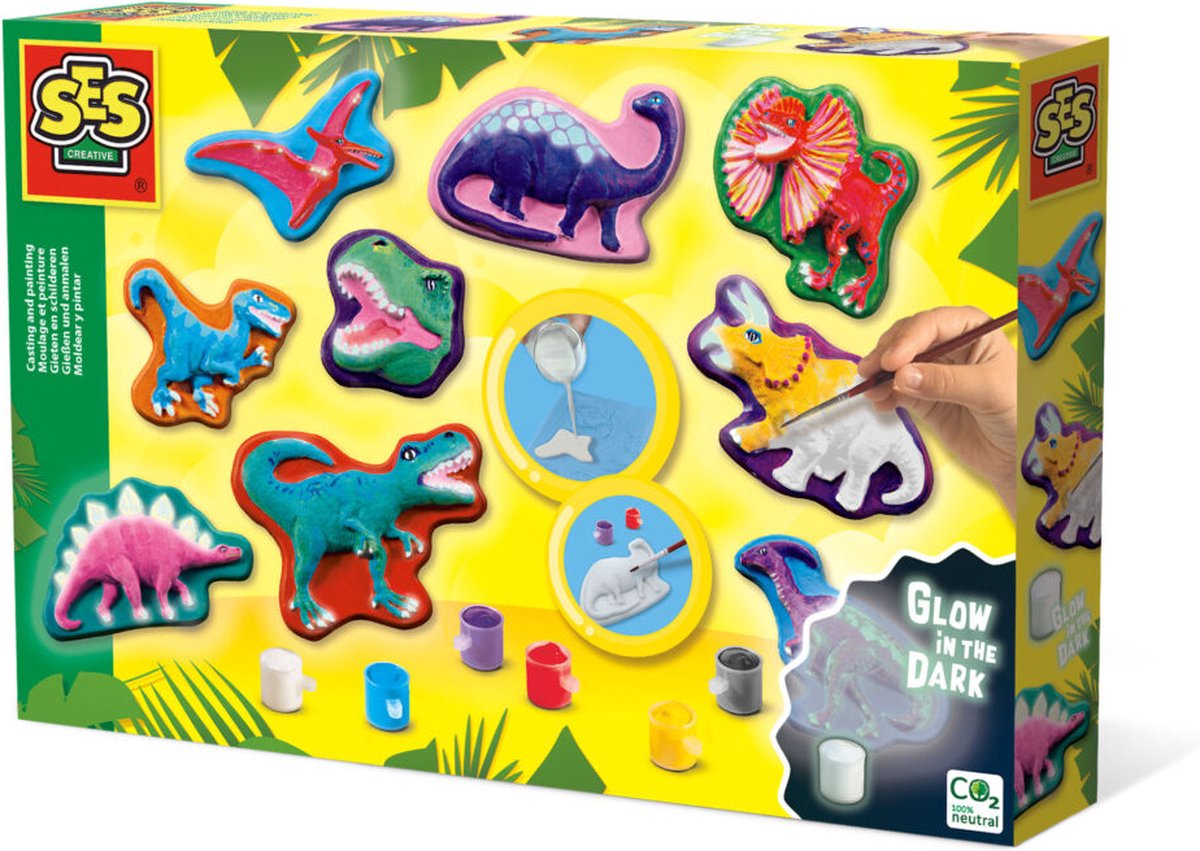   - Gieten en schilderen - Dino fantasie - sneldrogend gips - heldere kleuren - met glow in the dark verf