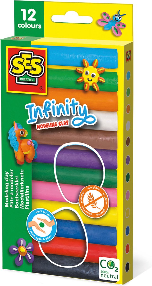   - Infinity boetseerklei - 12 kleuren was klei (180gr) - droogt niet uit - heldere kleuren - glutenvrij