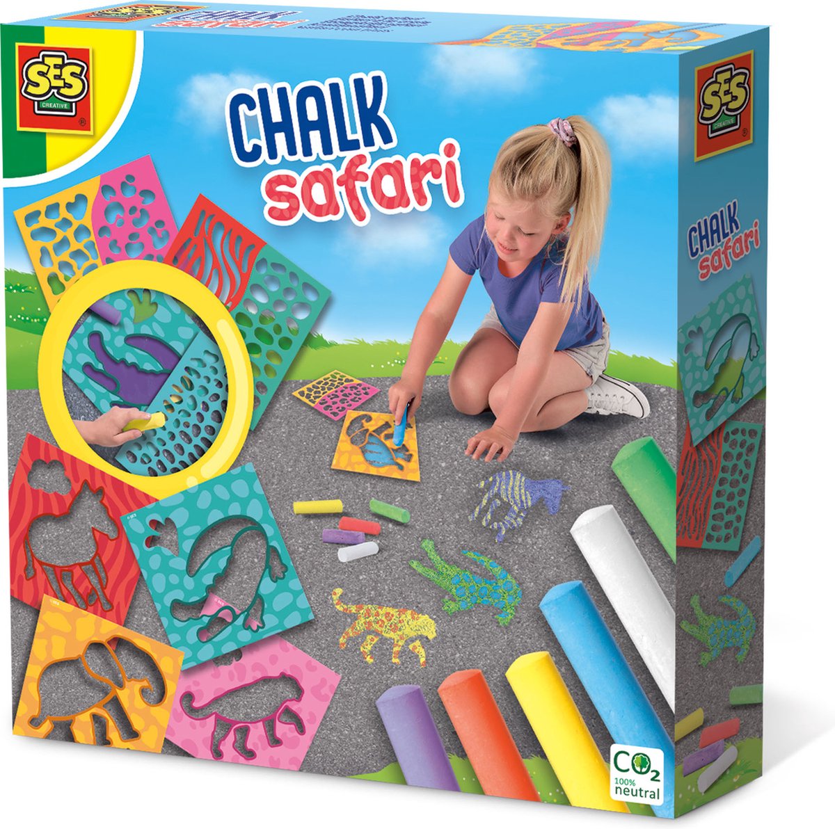   - Stoepkrijt - safari thema - krachtige kleuren krijt - met stevige kunststof sjablonen - 6 kleuren