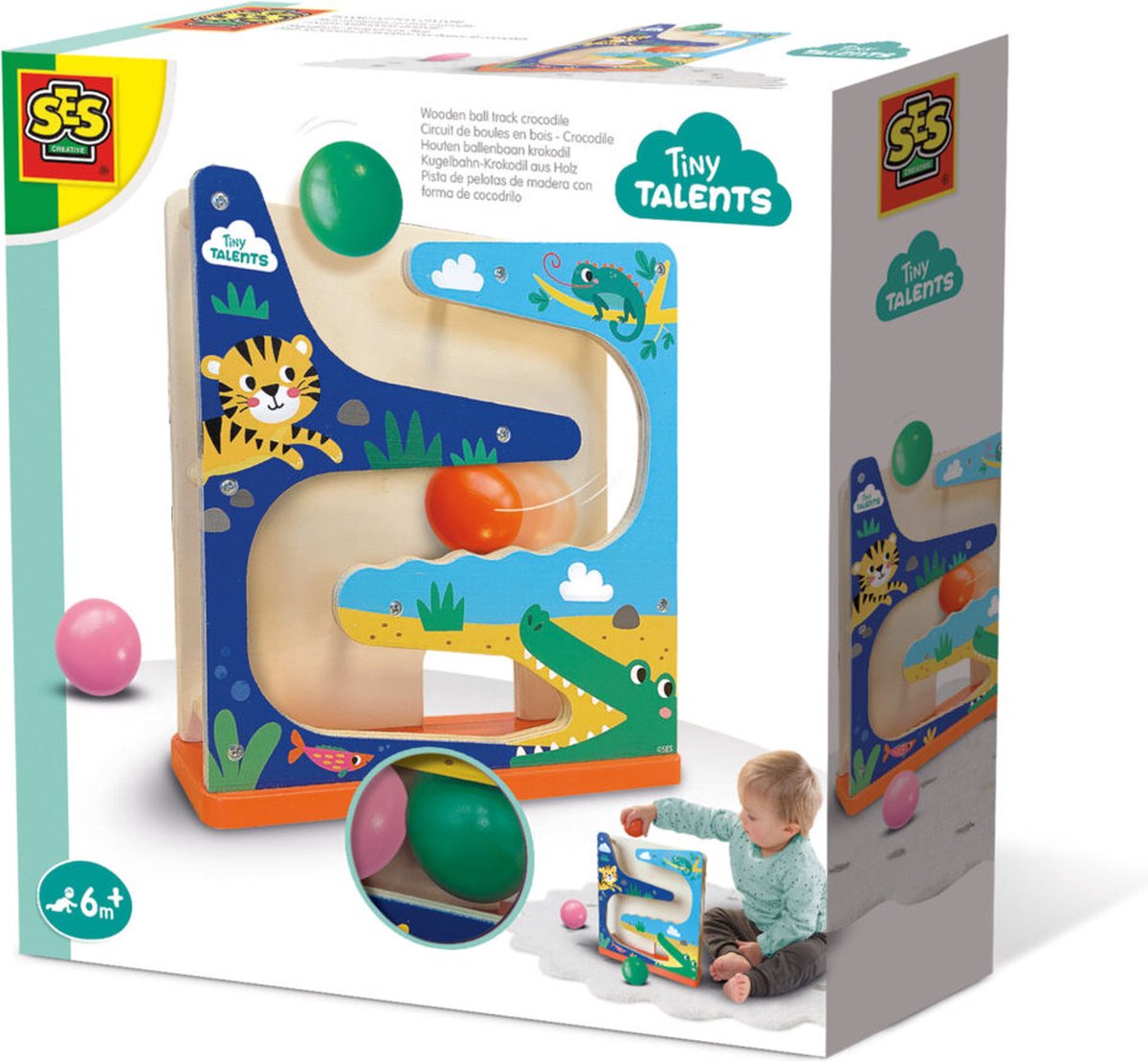   - Tiny Talents - Houten ballenbaan krokodil - vrolijk bedrukt - met drie grote bedrukte ballen