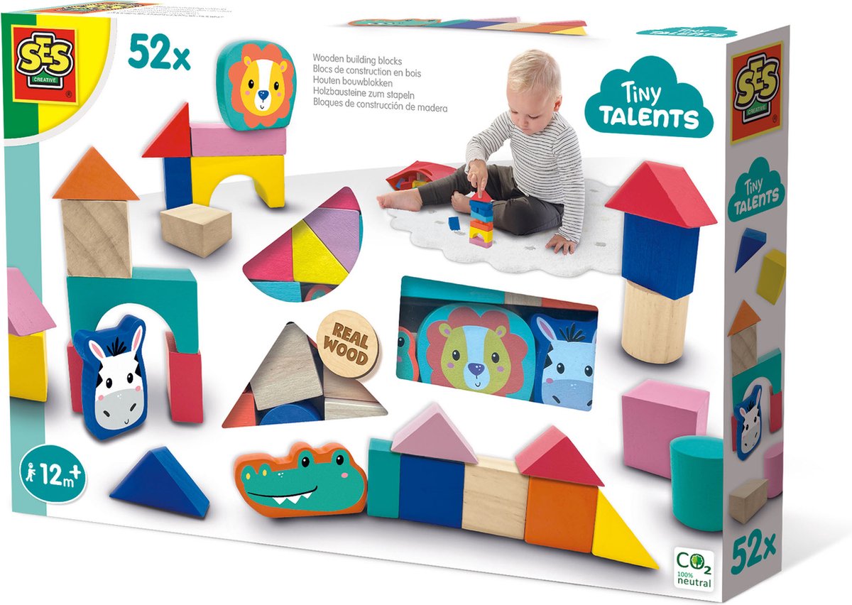 SES - Tiny Talents - Houten bouwblokken - 52-delige set - vrolijke kleuren - eindeloos te combineren