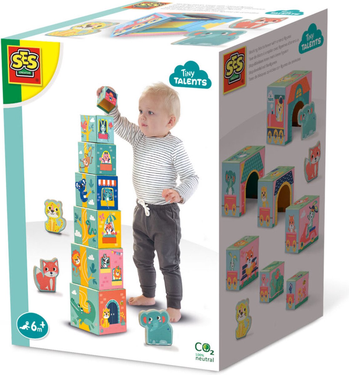 SES - Tiny Talents - Stapelblokken toren met dieren figuren - moderne, gekleurde illustraties - compact op te bergen