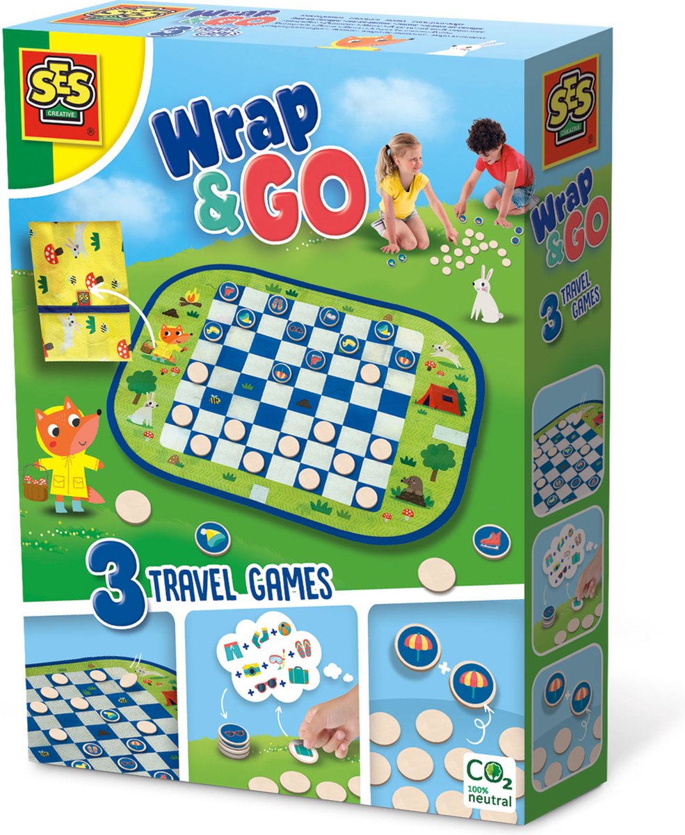   - Wrap&Go reisspellen - Dammen - Memo - Ik ga op reis en ik neem mee - 3 in 1 - travel size - speelbord is de bewaartas - houten onderdelen
