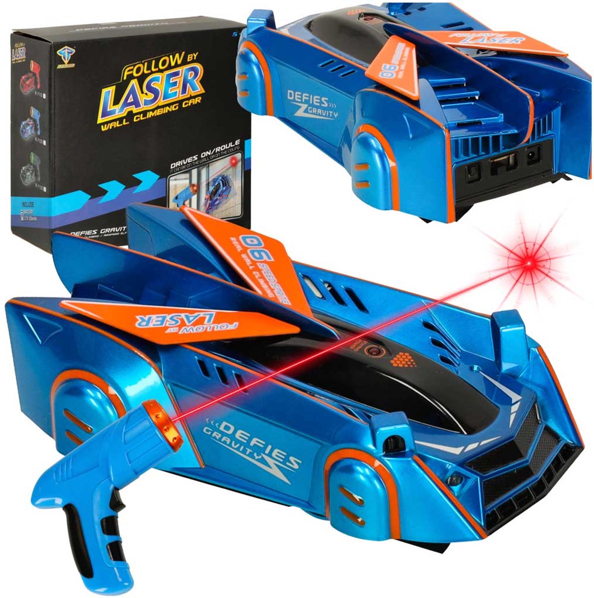 SF Gravity Defying Wall Climbing RC Auto – Bestuurbare Auto - Op Afstand Bestuurbare Auto die Rijdt op Muren, Plafond & Vloer – Laser Besturing – LED Effecten – Oplaadbaar – Blauw – Innovatief Speelgoed voor Kinderen + E-Book