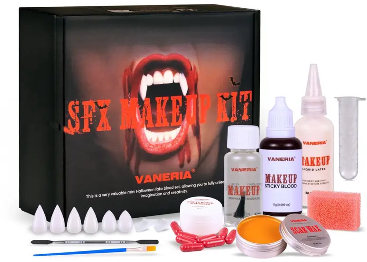 VANERIA SFX Make-up Kit – Vals Bloed, Scar Wax, Vampiertanden & Latex voor Griezelige Transformaties