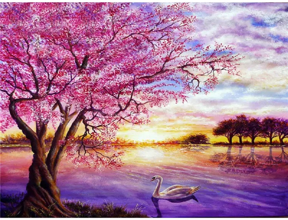 SIEPS Diamond Painting Volwassenen - Diamond Painting Kinderen - Kleurrijke Bloesem met Zwaan - Inclusief Diamond Painting Pen , Bakje & Wax - 30 x 40 CM - Diamond Painting Pakket Volledig