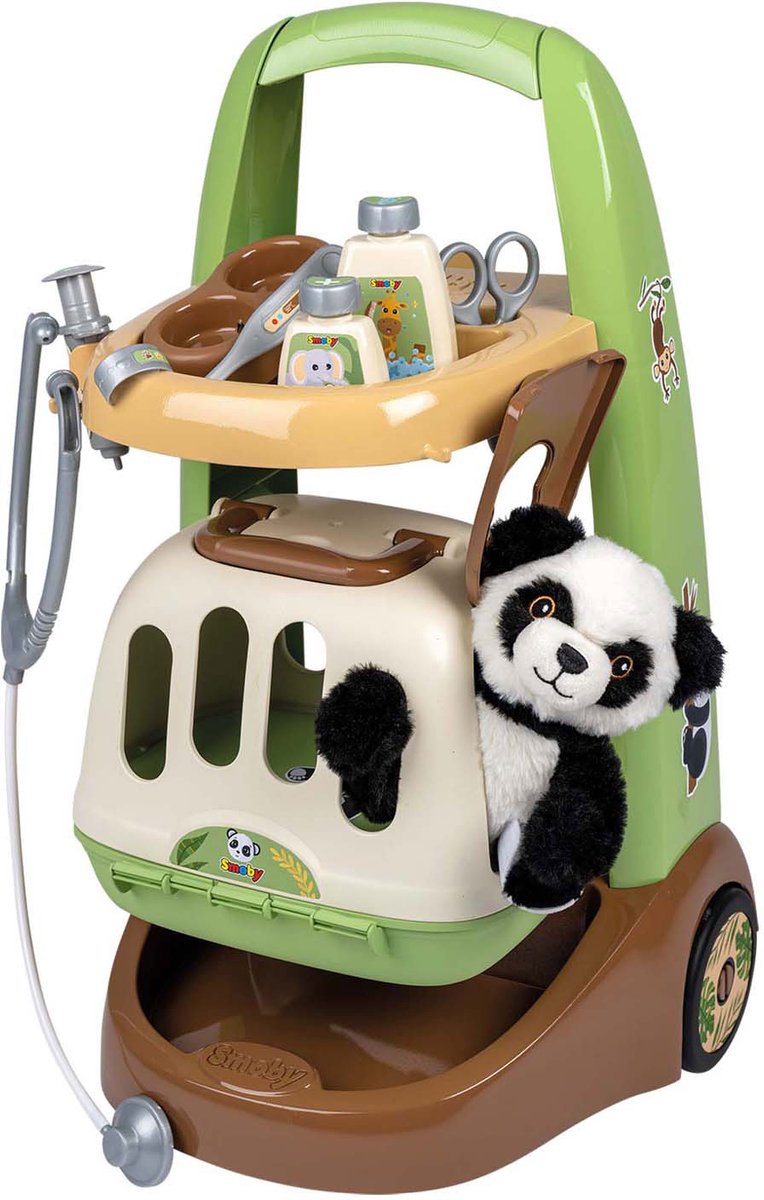 Smoby - Zoo Veterinarian Trolley - Panda Plush - Veel accessoires inbegrepen - 2 in 1 product: Transportkooi - Productie
