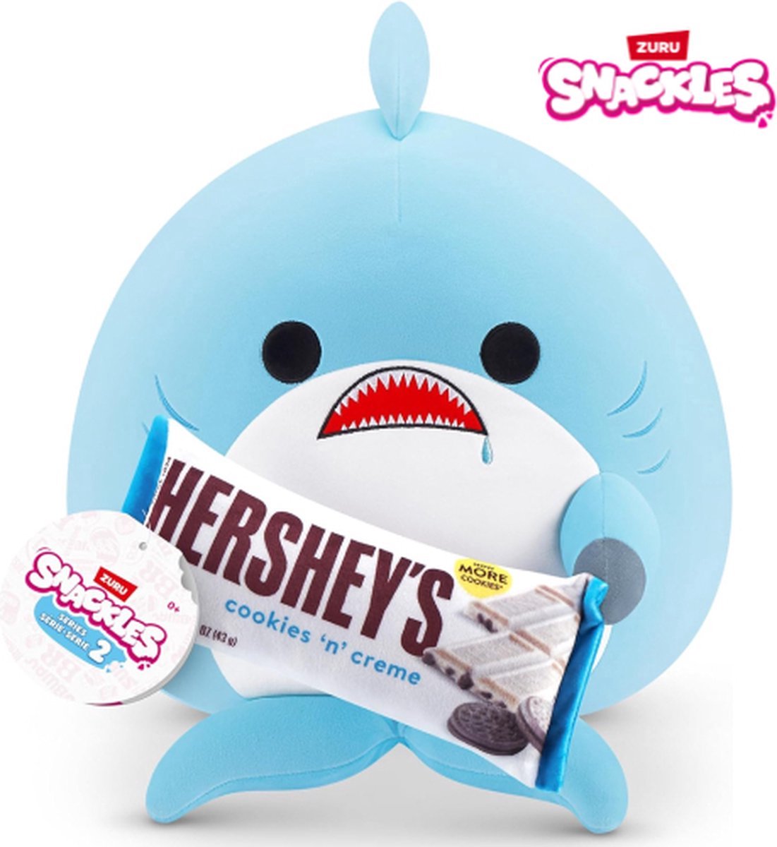 Snackles knuffel XL - Haai Seth met Hersheys Chocolade 55 cm - Pluche Squishy Snackels Zuru Kawaii Kussen