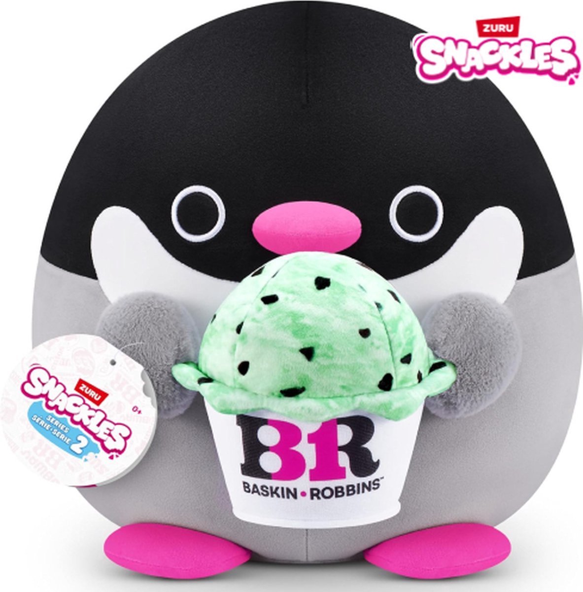 Snackles knuffel XL - Penguin Penelope met Baskin Robbin IJs 55 cm - Pluche Squishy Snackels Zuru Kawaii Kussen