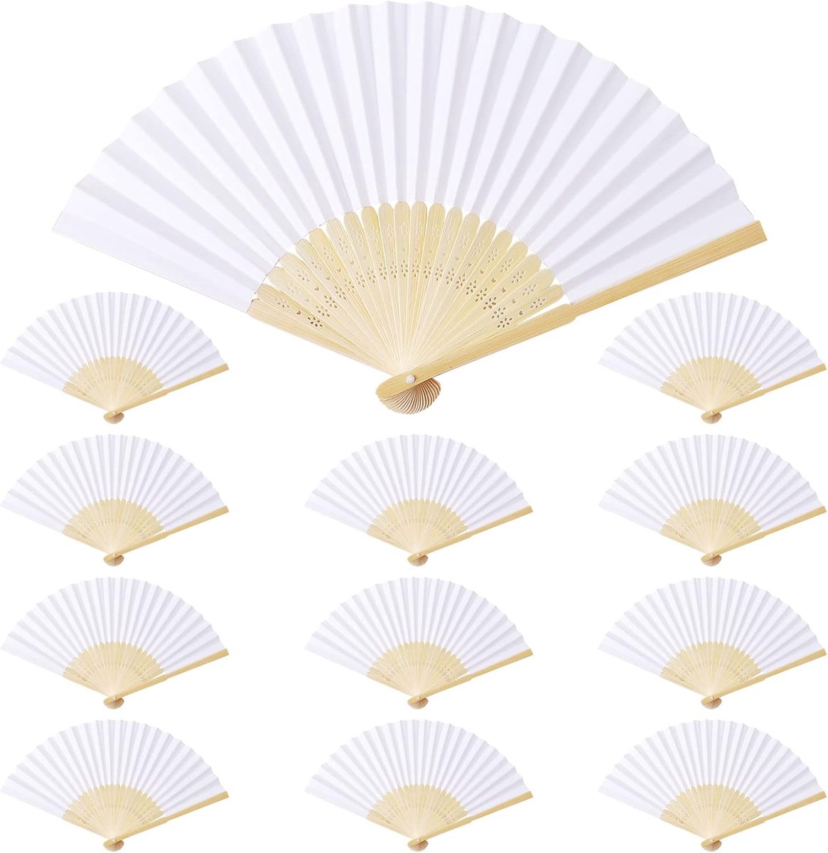 SNQ 12 stuks witte papieren waaiers - opvouwbare bamboe waaiers - lege decoraties - zelf te beschilderen waaiers - graffiti waaiers - geschikt voor bruiloften, reissouvenirs, afstuderen, housewarming, feesten