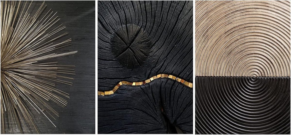 SNQ Canvas schilderij - Set van 3 muurschilderingen, 15 x 20 cm, moderne muurschilderingen, designposters, kunstprints, decoratieve schilderijen, zwart, wit, goud, jaarringen, woondecoratie in de woonkamer