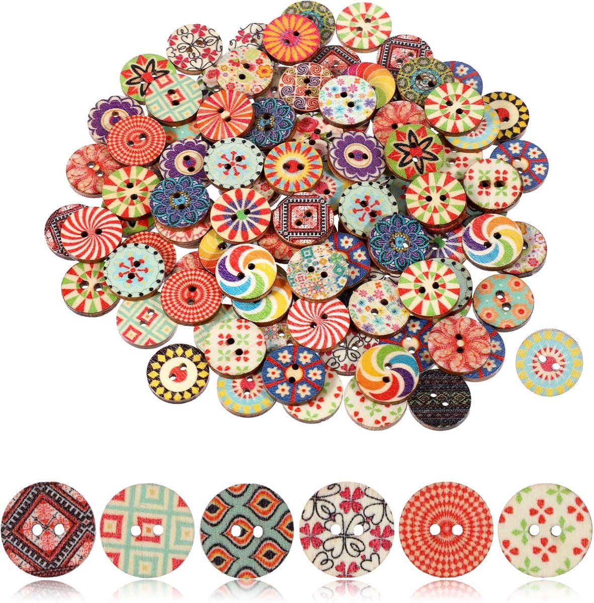 SNQ Decoratieve knopen - Hout - 1,5 cm - 100 stuks - Hobbyknopen - Diverse bloemenknopen - Geschikt voor doe-het-zelf, ronde decoratieve knopen om te naaien