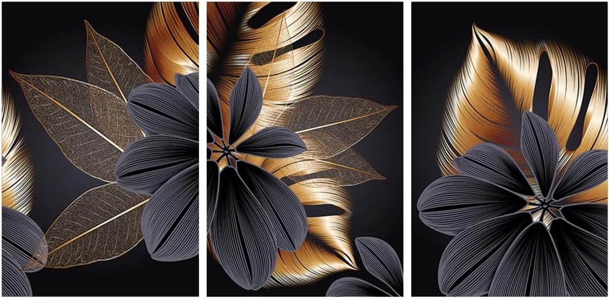 SNQ Set van 3 - canvas poster wandschilderijen - 50x70cm - abstract zwart gouden plantenblad canvas poster print - moderne Scandinavische decoratie -muurkunst- schilderij- afbeelding