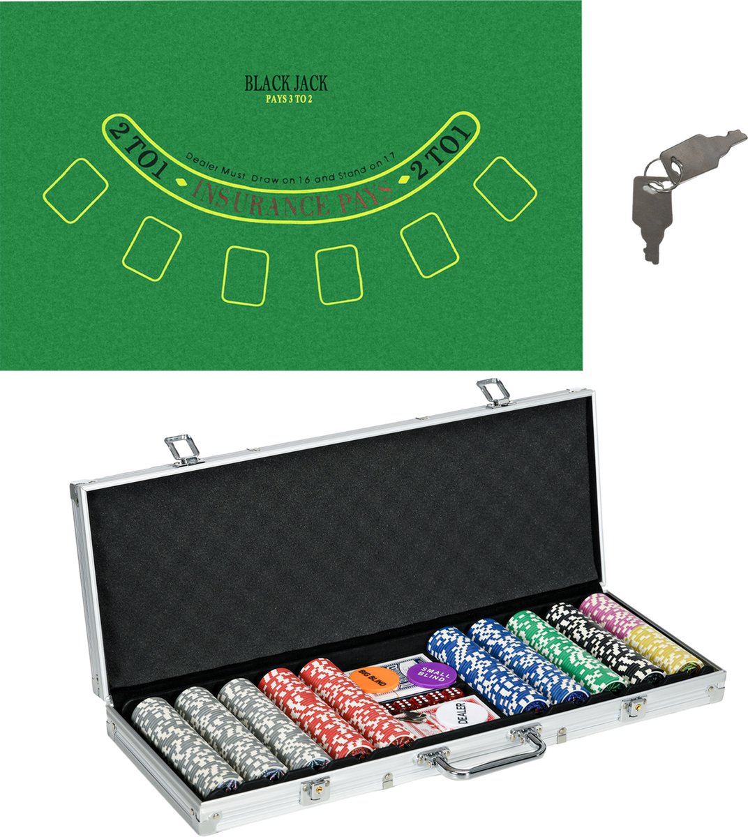 SPORTNOW Pokerset met Slot - 500 Pokerchips 11,5 Gram - 2 Pokerdecks - 5 Dobbelstenen - 1 Dealer Button - 1 Small Blind - 1 Big Blind - Zilver