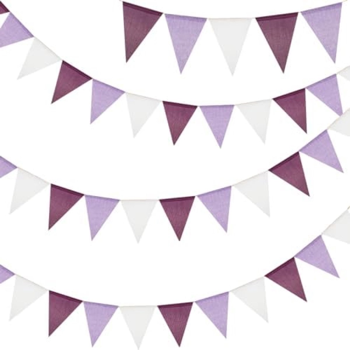 Paarse vlaggetjesslinger - Set van 3 stuks - Jute imitatie slinger - 36 vlaggetjes - 12 meter totaal - Voor kinderkamer, tuinfeest, bruiloft en meer