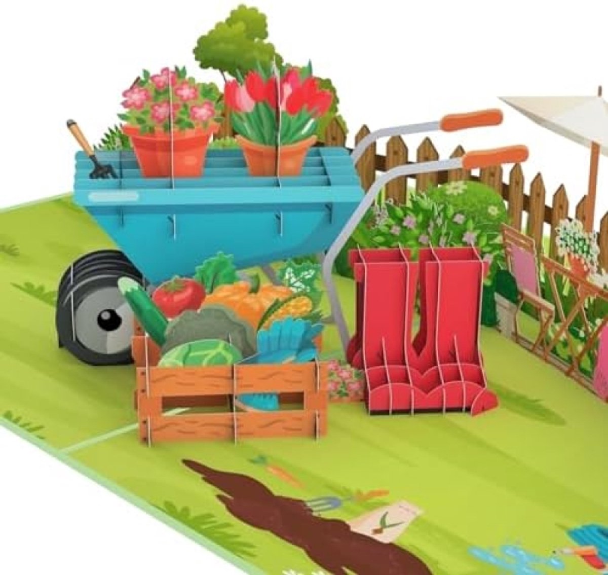 Pop-Up Kaart – Tuin – 3D wenskaart voor een verjaardag, Verjaardagskaart voor tuiniers met kruiwagen en bloemen