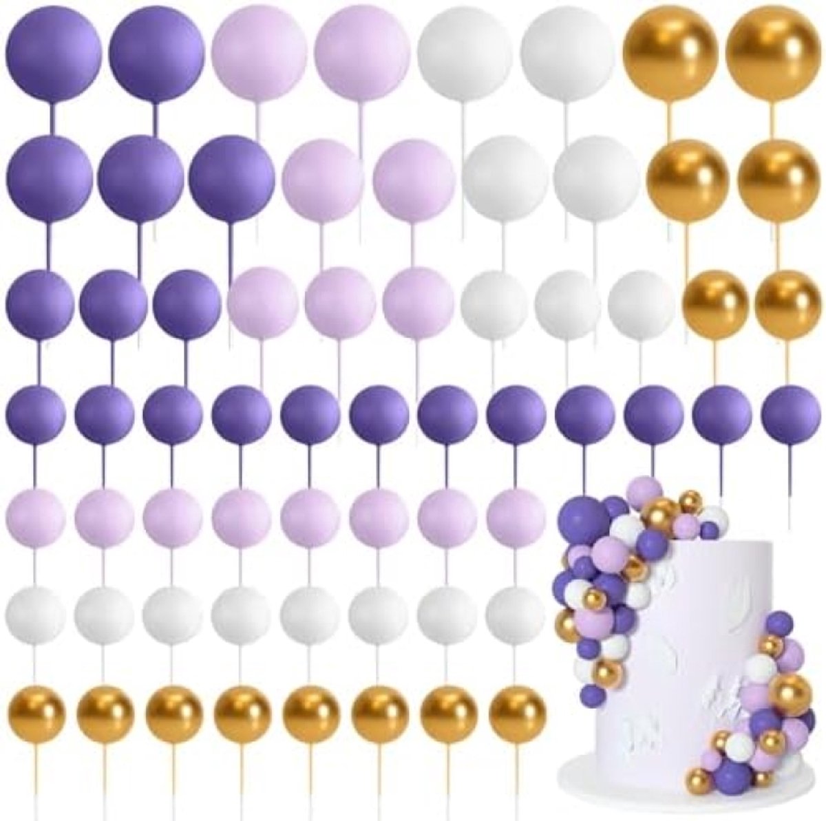 Taartballen set van 75 stuks - Paarse, lichtpaarse, gouden en witte schuim ballen voor taartdecoratie - Ideaal voor verjaardagen, bruiloften en feesten