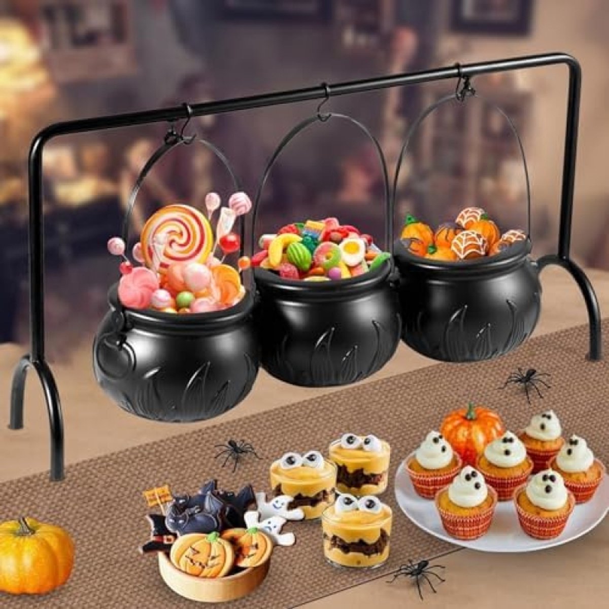 Zwarte Halloween Snoepketel Set - 3 Delige Heksenketels met Standaard