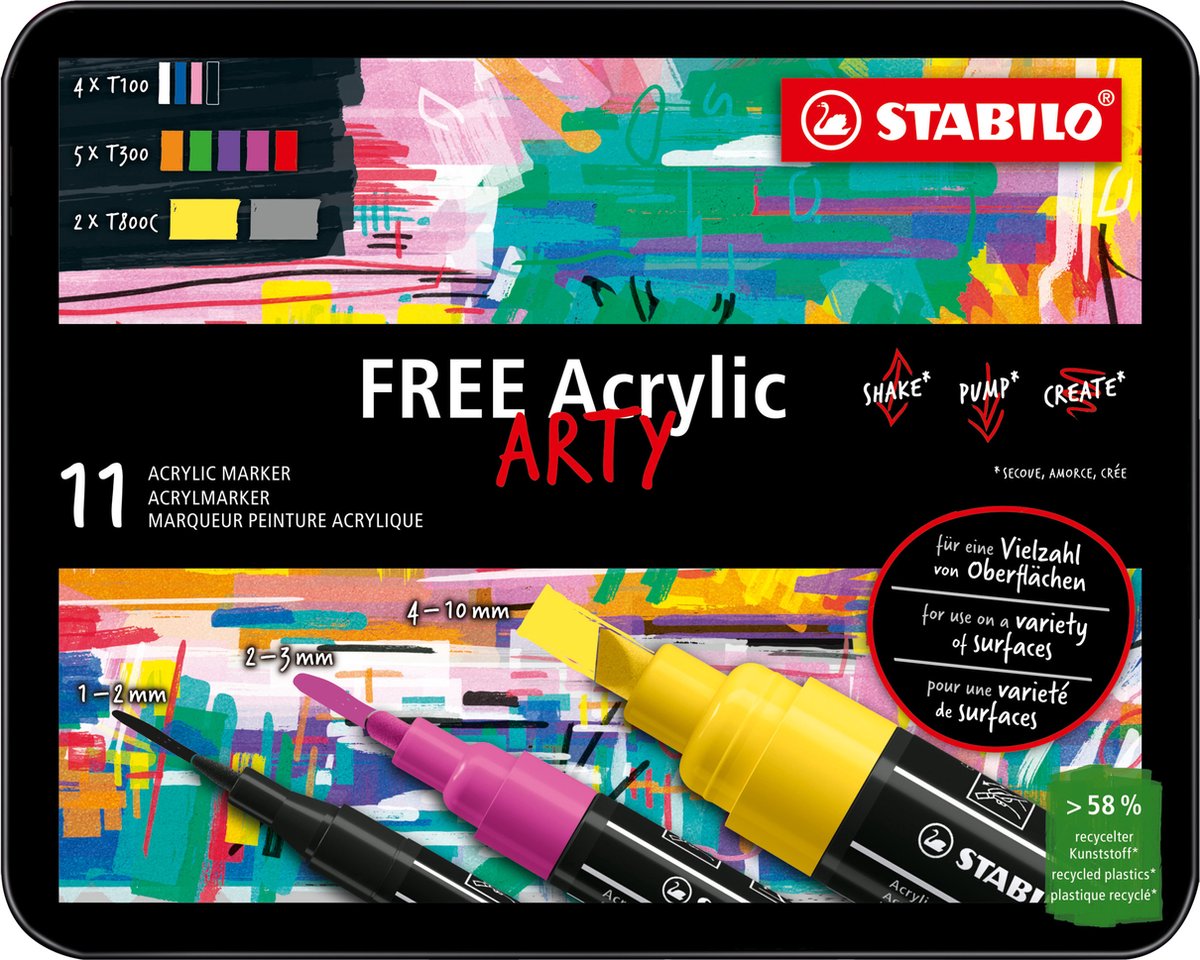 STABILO FREE - Acryl Marker - Start Set - 11 Acryl Markers - 3 Verschillende Tip Sizes