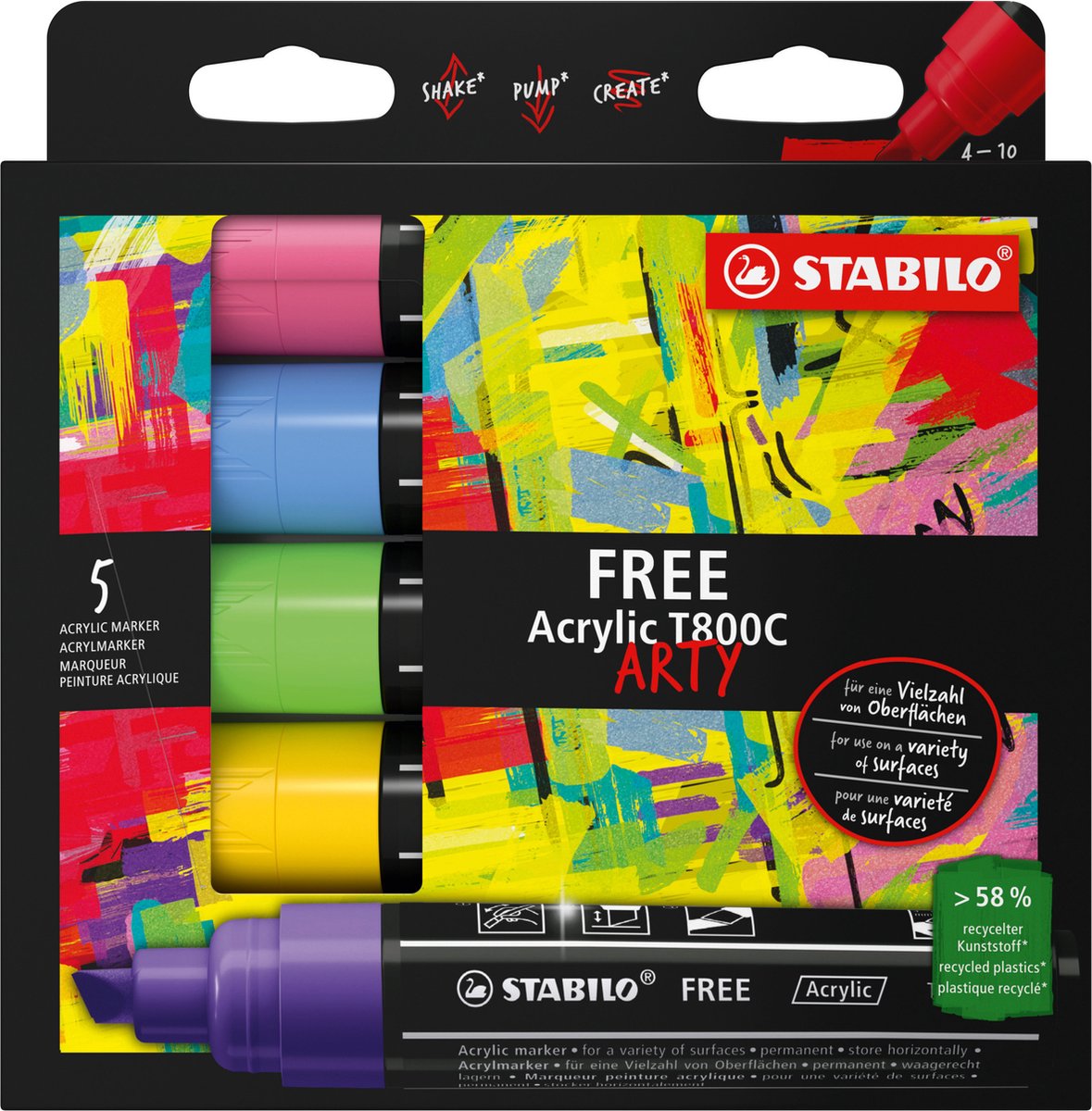 STABILO FREE - Acryl Marker - T800C - Schuine Punt - 4-10 mm - Set Seaside - Met 5 Verschillende Kleuren