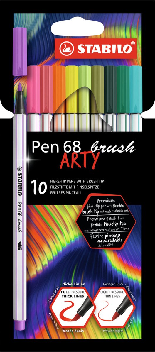 STABILO Pen 68 Brush - Premium Brush Viltstift - Met Flexibele Penseelpunt - ARTY Etui Met 10 Verschillende Kleuren