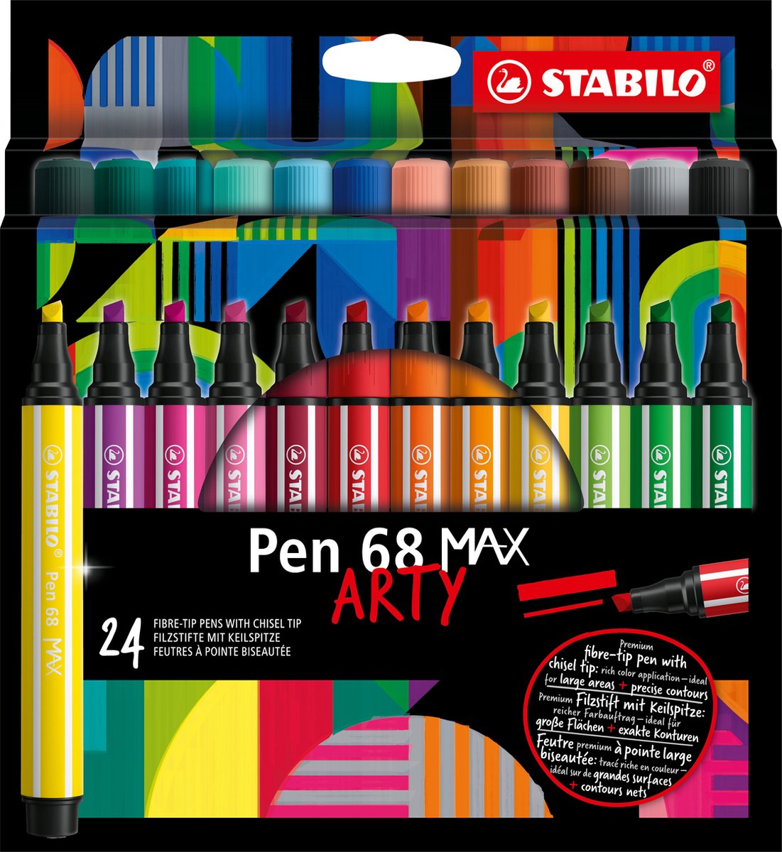 STABILO Pen 68 MAX - ARTY – Premium Viltstift Met Dikke Beitelpunt - Etui Met 24 Stuks – Met 24 Verschillende Kleuren