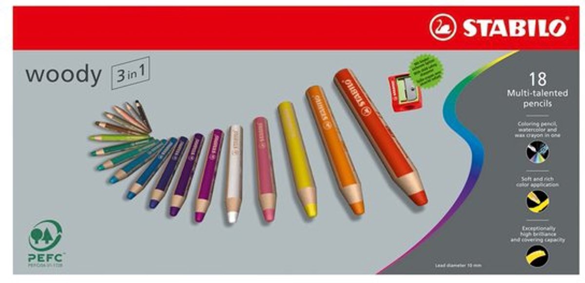   Woody 3 in 1 Kleurpotloden - 18 Stuks + puntenslijper