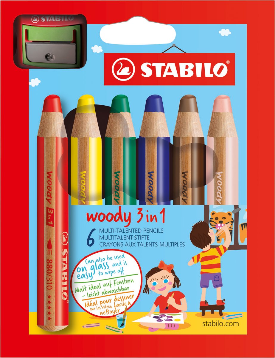   Woody 3 in 1 Kleurpotloden - Etui 6 Stuks + Puntenslijper