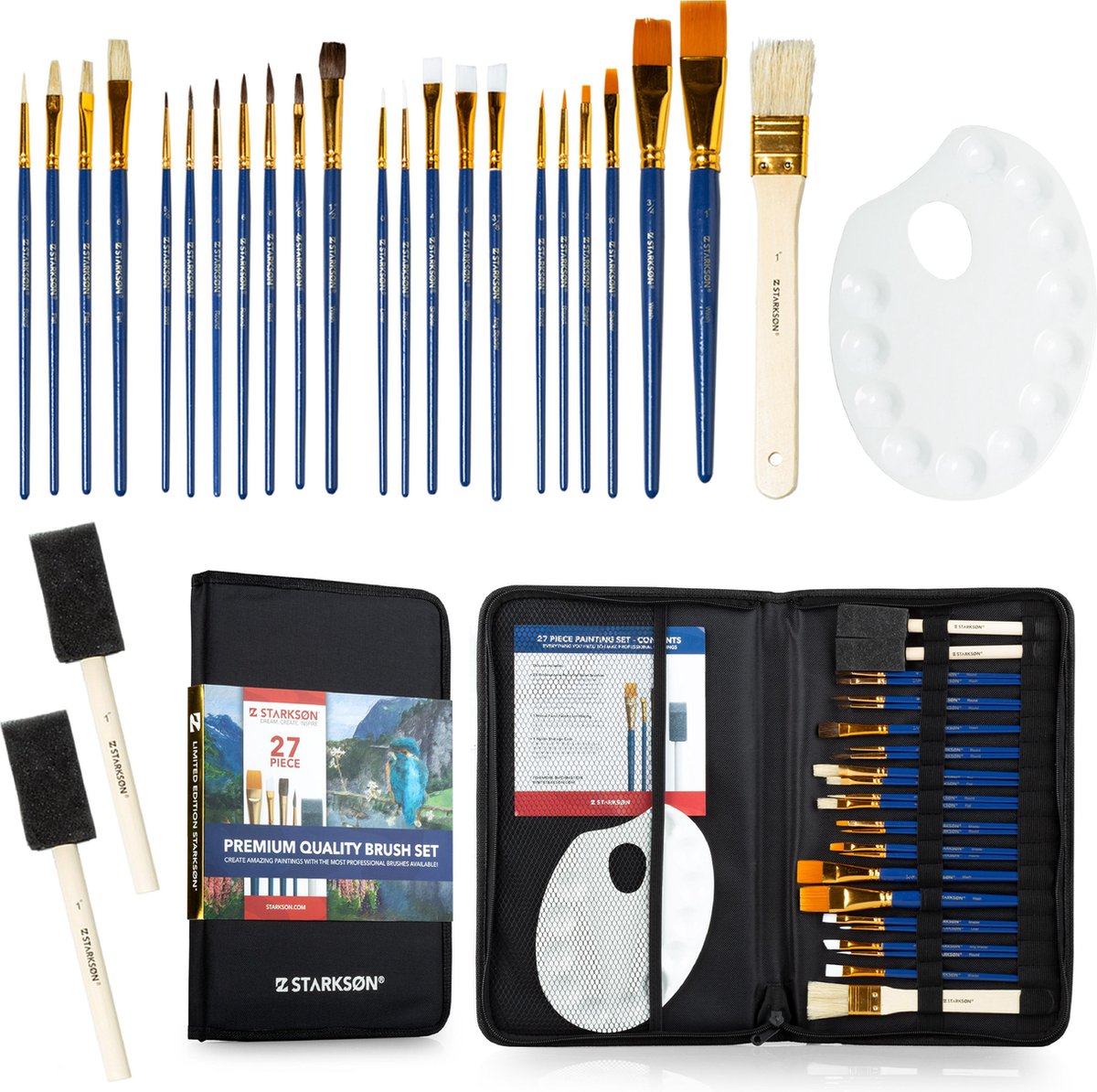 STARKSON® 27-Delige Verf Penselen & Kwasten Set voor Acrylverf, Waterverf & Olieverf – Schilderen & Verven – Verfkwasten – Penselenset incl. Metalen Palette & Nylon Opbegrhoes