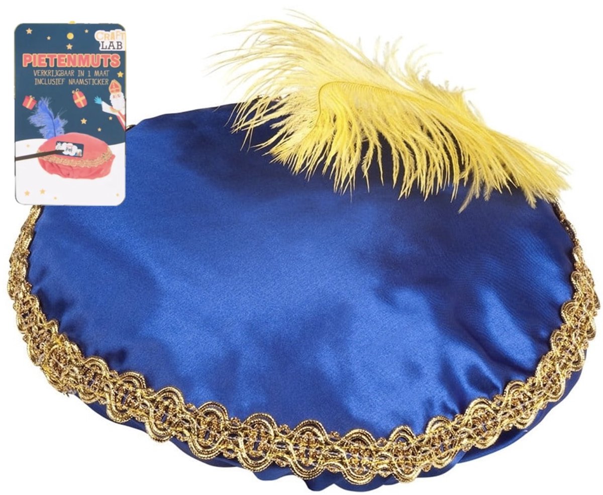 pietenmuts - unisex - blauw met gele veer & goud detail - inclusief naamsticker - morgen in huis - kinderen - pieten baret - sinterklaas - unisex