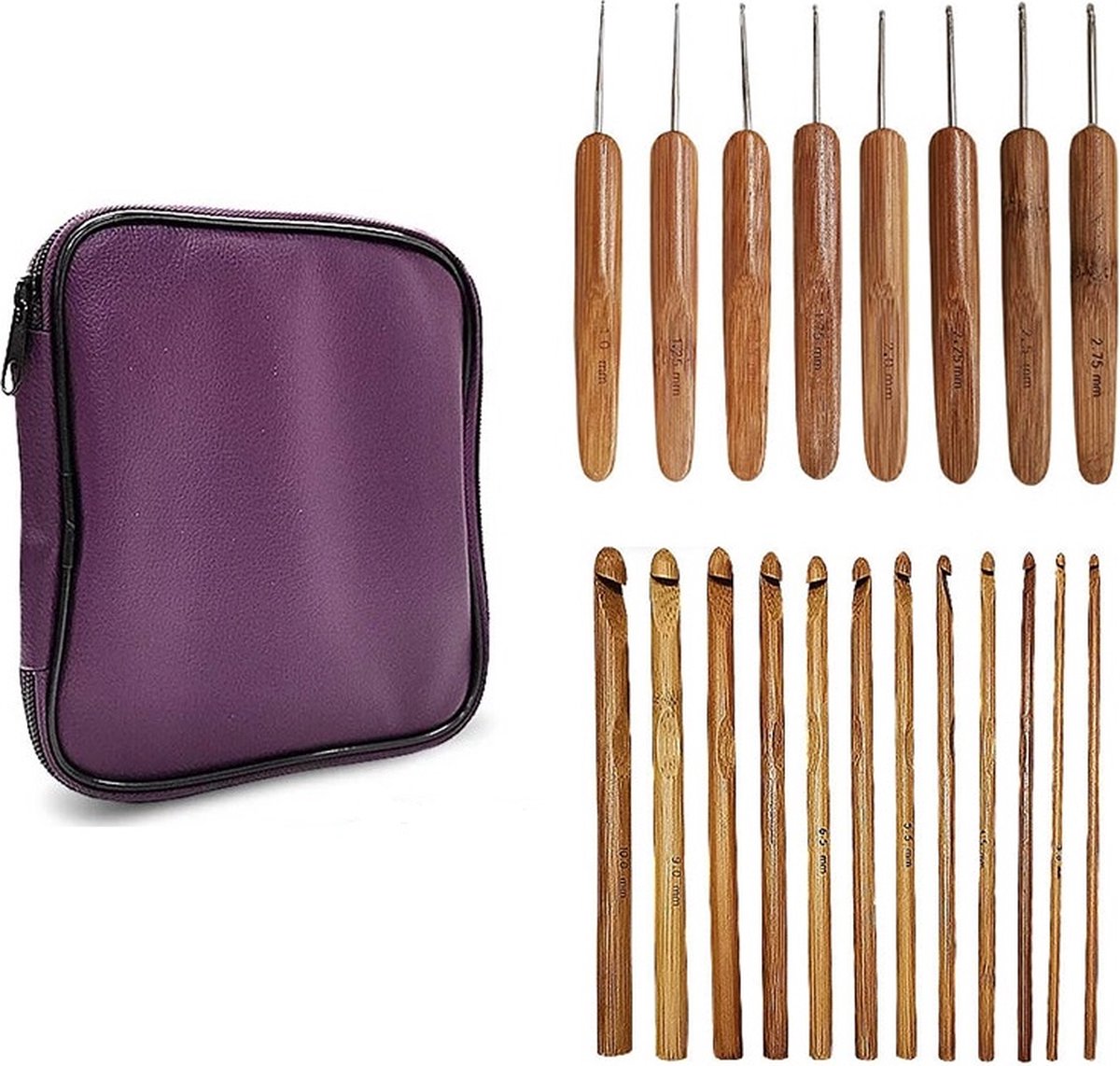 21-Delige Ergonomische Bamboe Haaknaalden Set - Haaknaaldenset met Etui