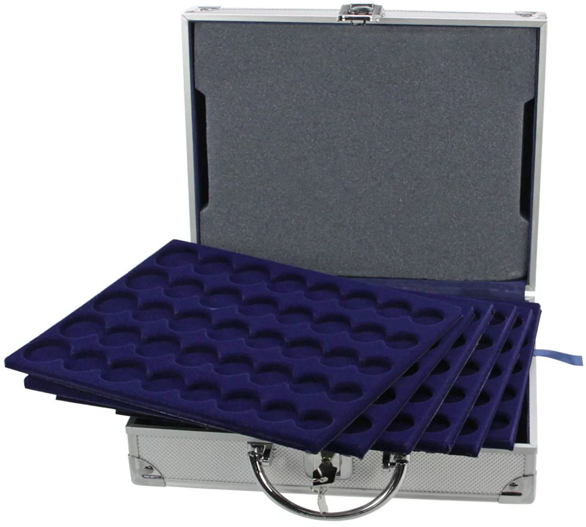 Koffer, Alu - geschikt voor: Euro munten sets in capsules (30 sets) afm: 260 x 155 x 70 mm.