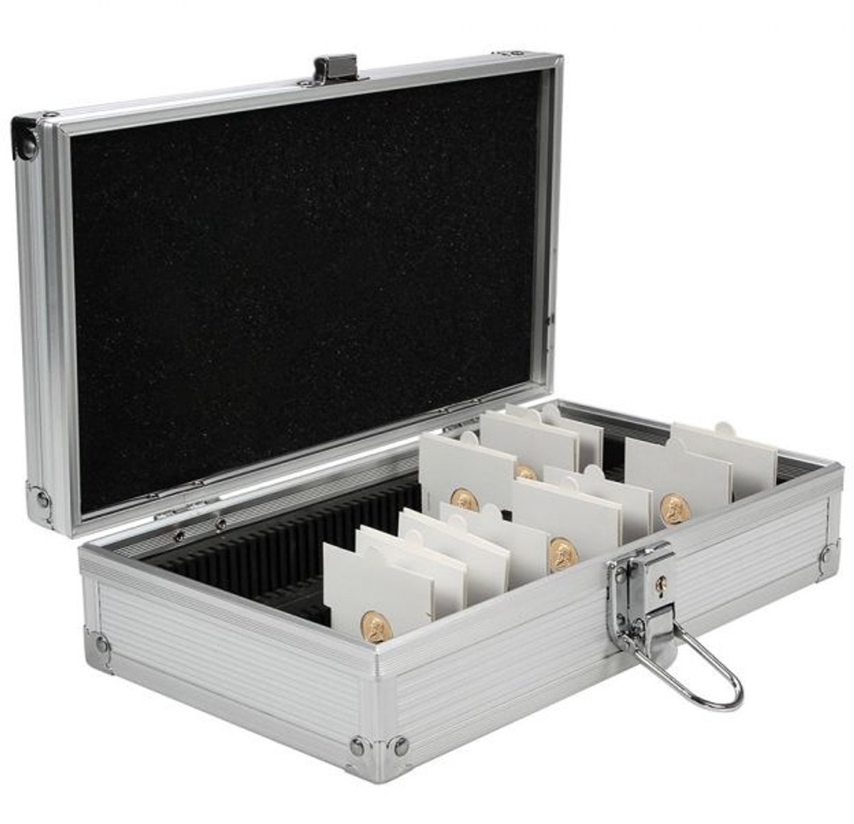 Koffer, Alu - geschikt voor: Munthouders 50 x 50 mm. (100 st.) afm: 260 x 155 x 70 mm.