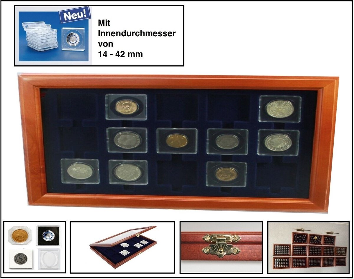 Presentatie Display, Premium - voor Capsules 50 x 50 mm. (15 st.) Mahoniekleur met blauw interieur - afm: 375 x 260 x 30 mm.