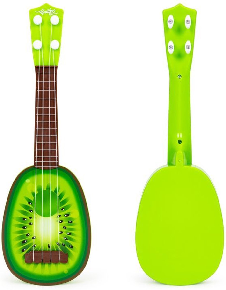 Ecotoys mini kunststof kinder ukelele / gitaar kiwi met 4 snaren 36 x 11.5 x 3.5 cm groen