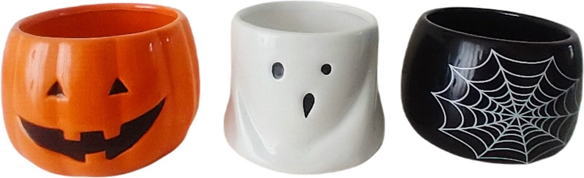 Halloween potjes - SET VAN 3 - Halloween decoratie - Halloween versiering - Bloempotje binnen buiten - Sint Maarten - Trick or Treat - 3 POTJES - Ø 10 x H 9 cm