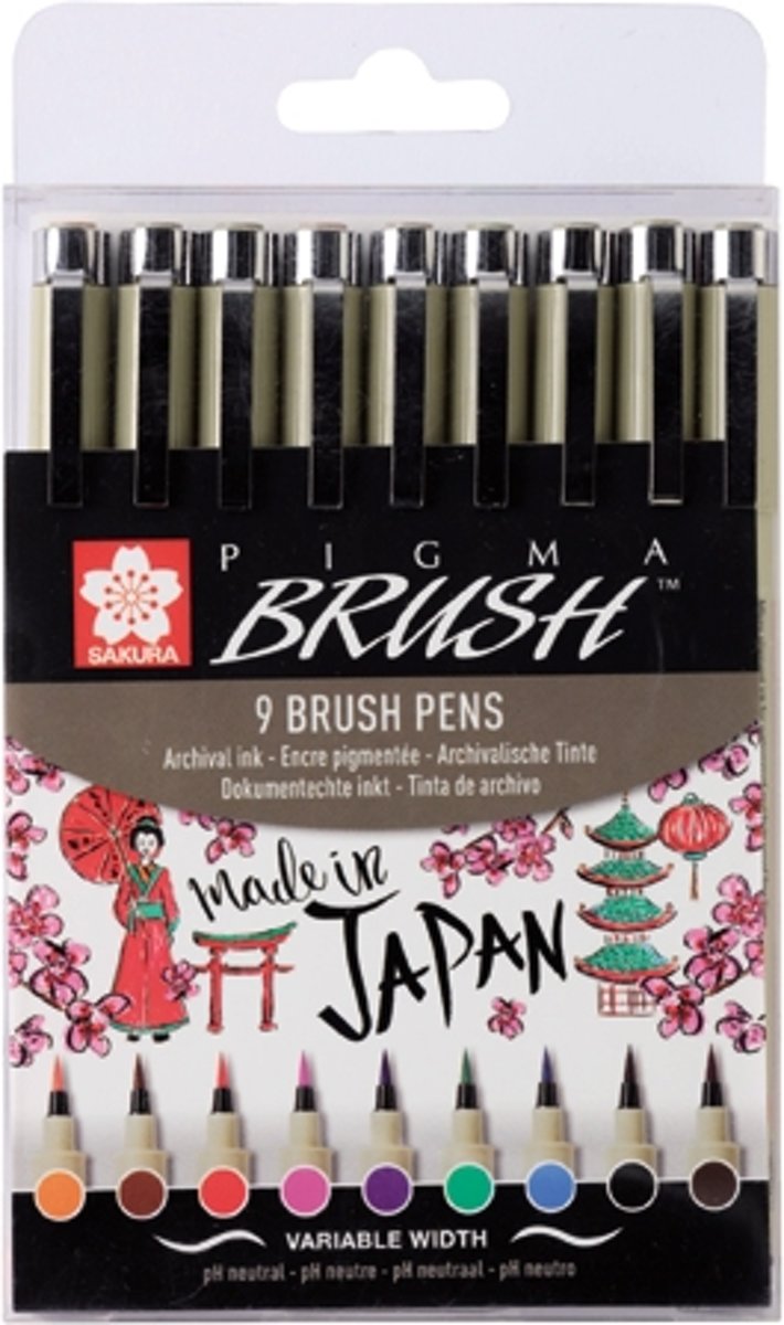 Pigma Brush set 9 kleuren brushpen penseelpen penseelstift