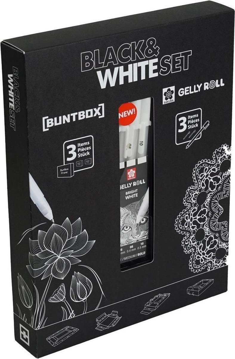 Schilderscanvas - Canvas - 3x DIY Schilderij - Zwart - 3x Sakura Gelly Roll Gelpennen Wit  - Talens - BuntBox Frame Black & White Set - 21x14,8 cm