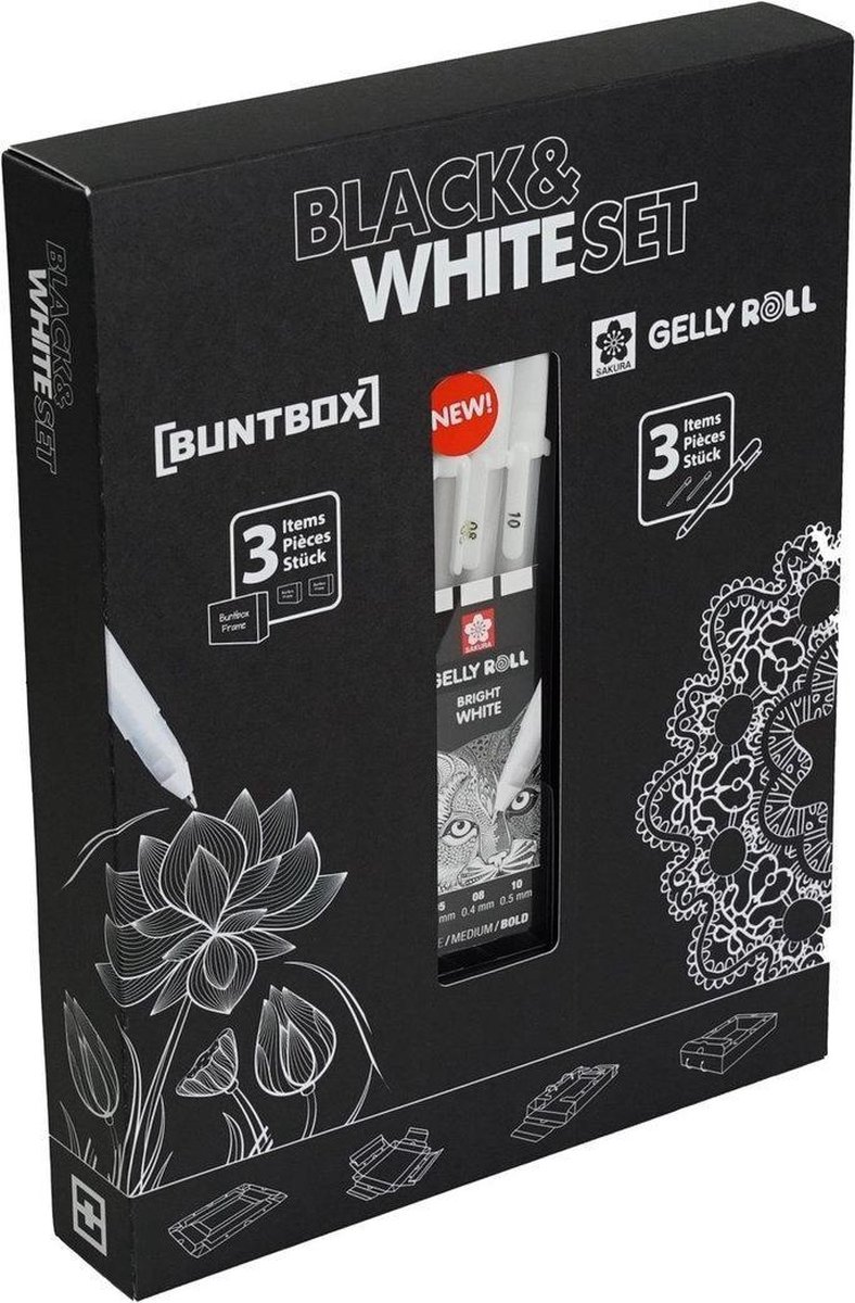 Schilderscanvas - Canvas - 3x DIY Schilderij - Zwart - 3x   Gelly Roll Gelpennen Wit  - Talens - BuntBox Frame Black & White Set - 21x14,8 cm