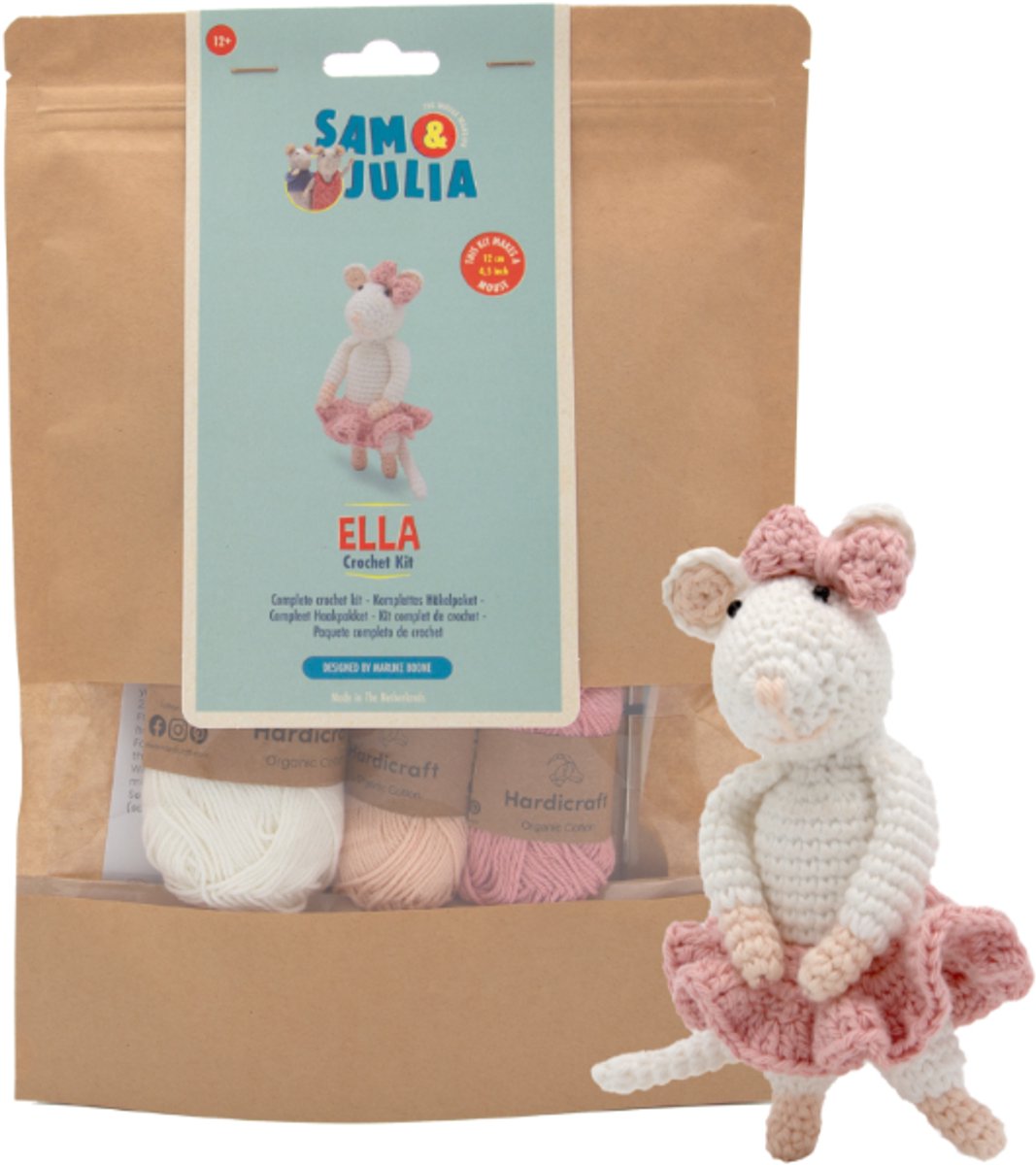Sam & Julia - Haakpakket Muisje Ella - 12 cm knuffelmuisje voor je Muizenhuis of poppenhuis