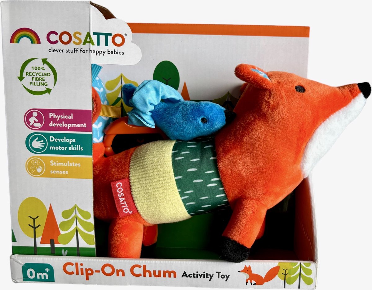 Cosatto - Clip On - Mister vox - Activity Toy - Pluche - Meneer Vos - Knuffel voor Babys - Activiteitenknuffel - Vos - Sensory Knuffel Vosje - Newborn - Vanaf 0 M - Buggy en Bedje Clip - Kinderwagen - Wandelwagen - Buggy – Kraamcadeau - Babycadeau